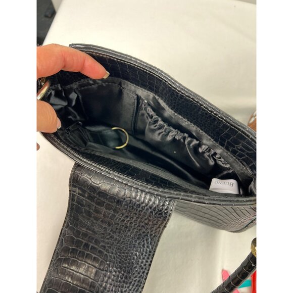 Black Croc Embossed Shoulder Bag With Gold Alligator Detail By Bueno - Picture 7 of 11